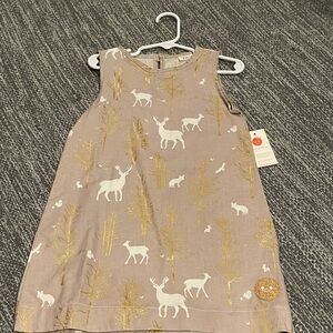 Smiling Button Sleeveless Dress with Deer and Tree Print